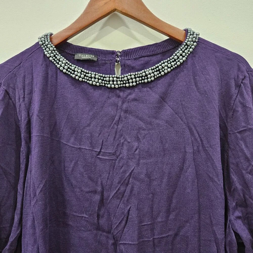 Talbots Womens Embellished Sweater 2XP Purple Beaded Long Sleeve Statement Glam